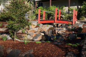 Cascading waterfalls underneath red Japanese bridge