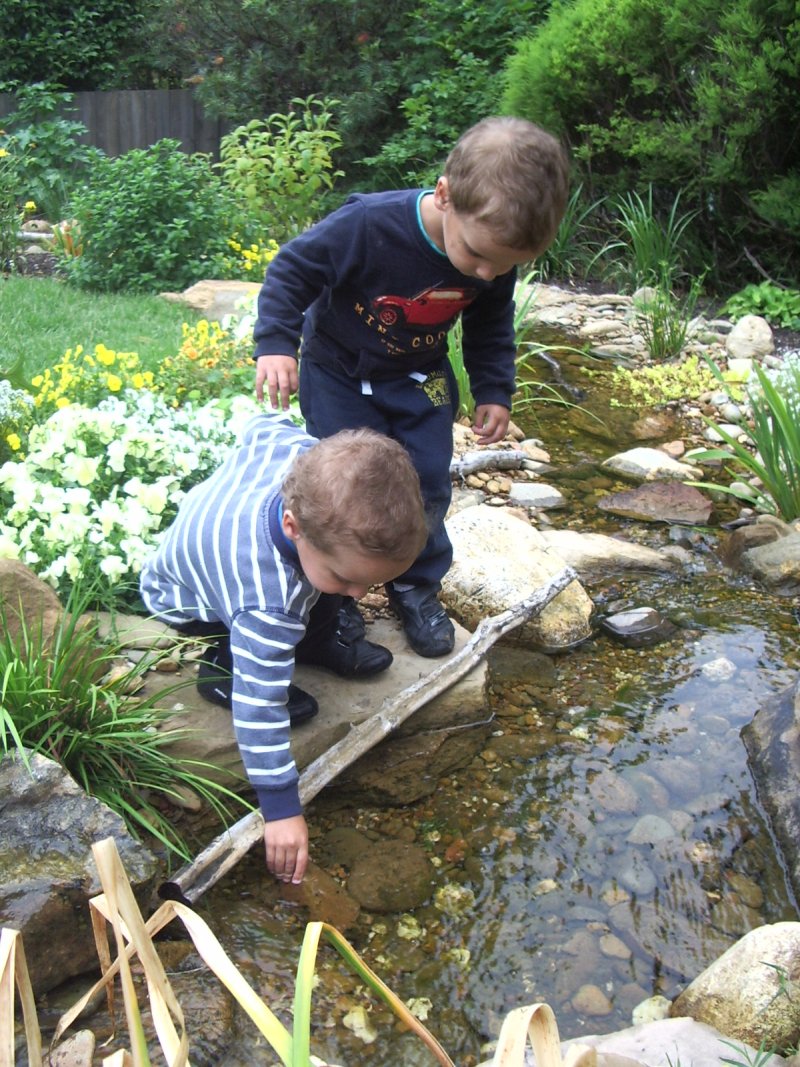 Blackburn cottage garden stream with children playing