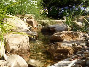 Natural looking pondless stream with rocks and pebbles